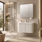 Set Mobilier Baie 80 cm cu Lavoar Ceramic și Dulap cu Oglindă LED, Bej