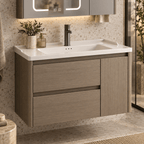 Set Mobilier Baie 80 cm cu Lavoar Ceramic și Dulap cu Oglindă LED, Stejar Greige