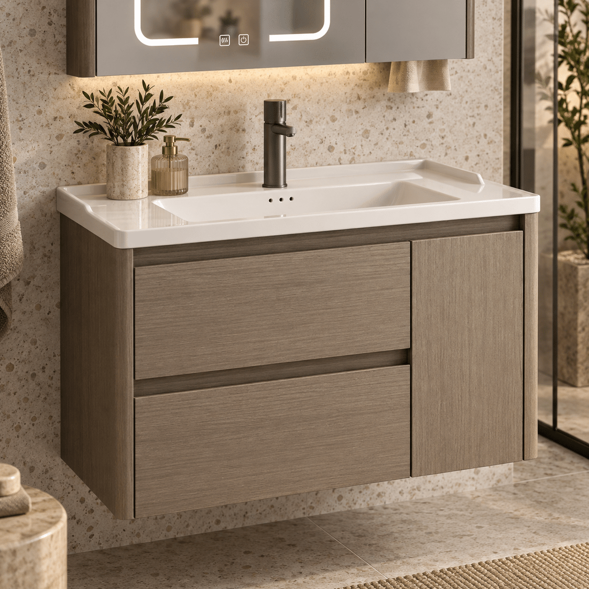 Set Mobilier Baie 80 cm cu Lavoar Ceramic și Dulap cu Oglindă LED, Stejar Greige