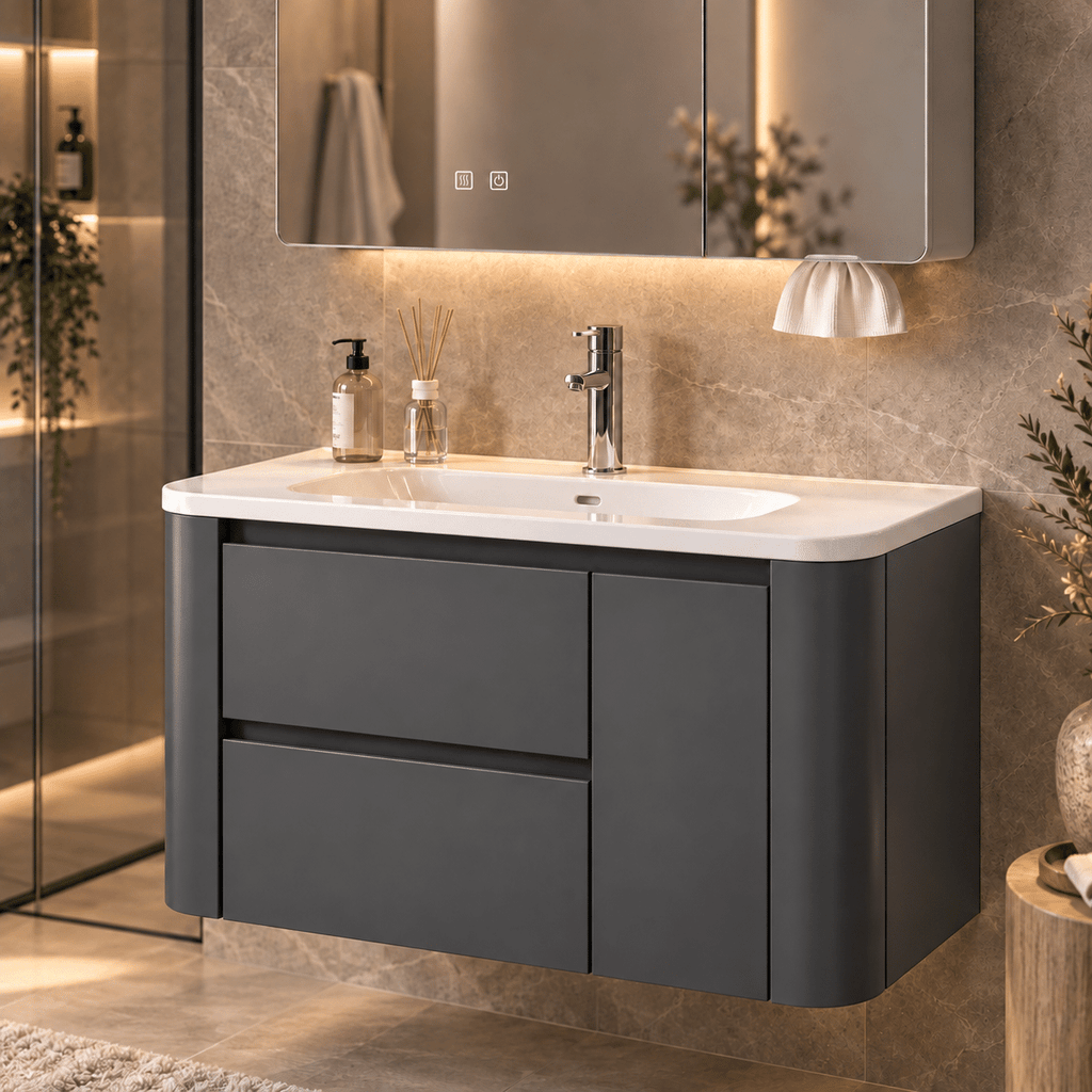 Set Mobilier Baie 80 cm cu Lavoar Ceramic și Dulap cu Oglindă LED, Gri Antracit Mat