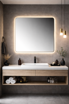 Oglinda LED Patrata Premium 80×80 cm, Rama Auriu, 3 Tipuri de Lumina – Calda, Rece, Neutra