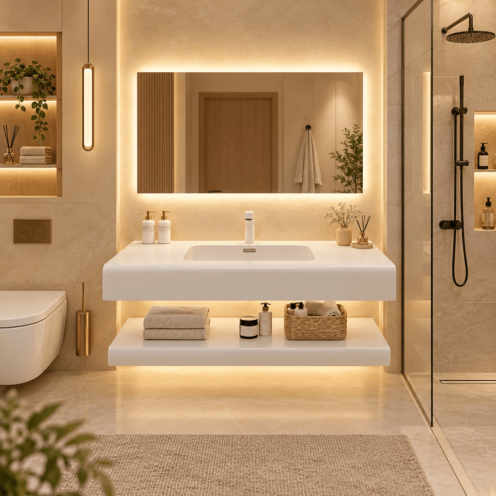 Set Mobilier Baie 80 cm din Rășină cu Lavoar și Oglindă LED 80×60 cm, Alb Mat