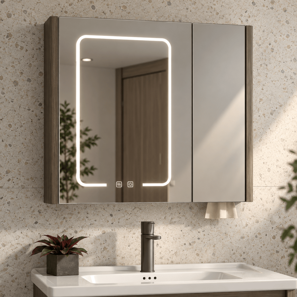 Set Mobilier Baie 80 cm cu Lavoar Ceramic și Dulap cu Oglindă LED, Stejar Greige