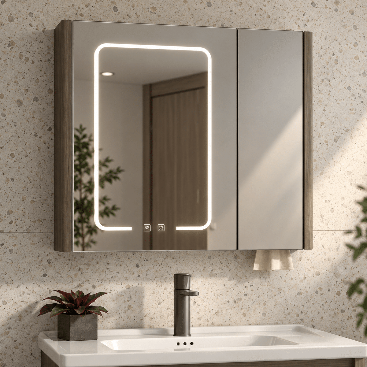 Set Mobilier Baie 80 cm cu Lavoar Ceramic și Dulap cu Oglindă LED, Stejar Greige