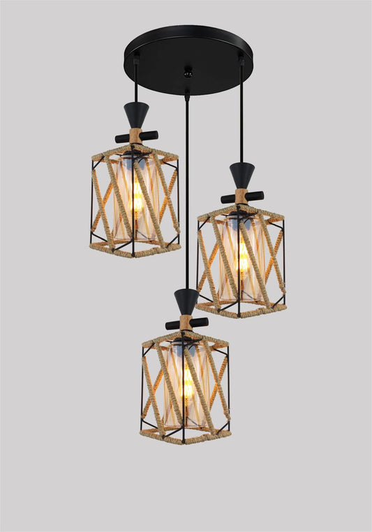Pendul Rustic RFAN, Model 5703-3, cu Abajuri, 3 x E27, Inaltime Reglabila, Negru