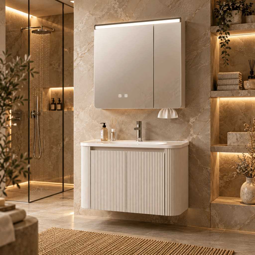 Set Mobilier Baie 80 cm cu Lavoar Ceramic și Dulap cu Oglindă LED, Bej