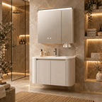 Set Mobilier Baie 80 cm cu Lavoar Ceramic și Dulap cu Oglindă LED, Bej