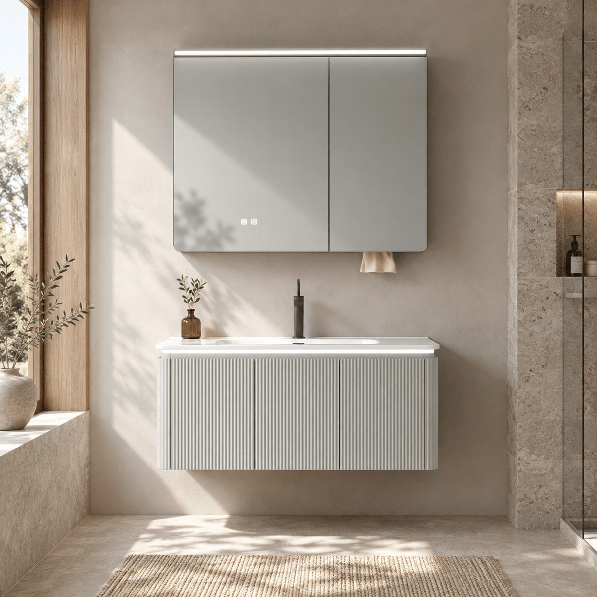 Set Mobilier Baie LED 100 cm cu Lavoar Ceramic și Dulap cu Oglindă LED, Gri Deschis
