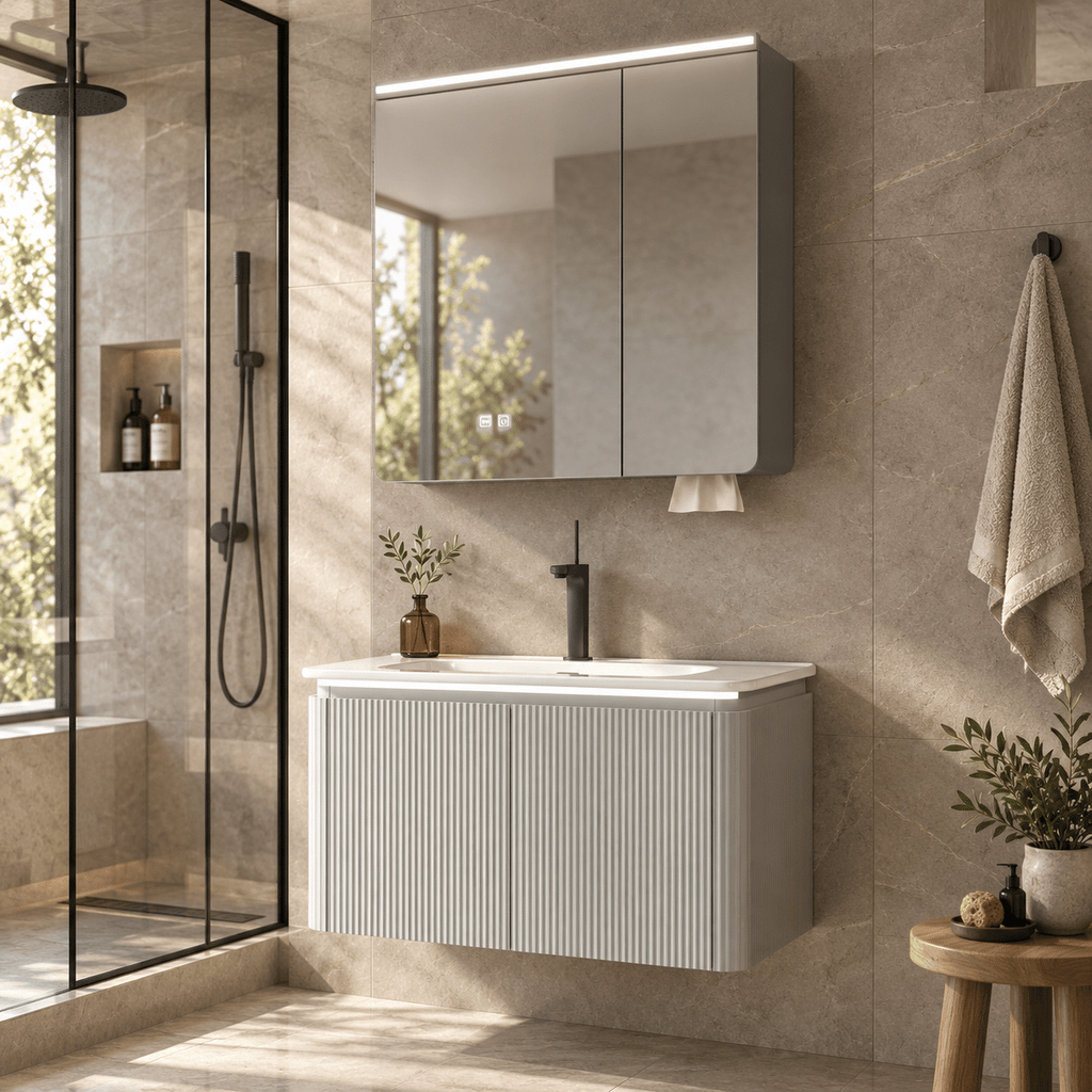 Set Mobilier Baie LED 80 cm cu Lavoar Ceramic și Dulap cu Oglindă LED, Gri Deschis
