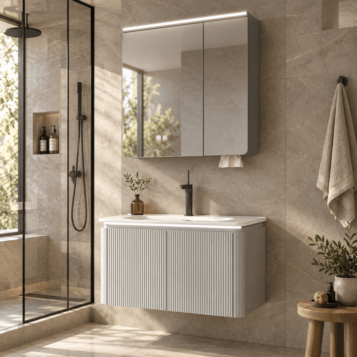 Set Mobilier Baie LED 80 cm cu Lavoar Ceramic și Dulap cu Oglindă LED, Gri Deschis