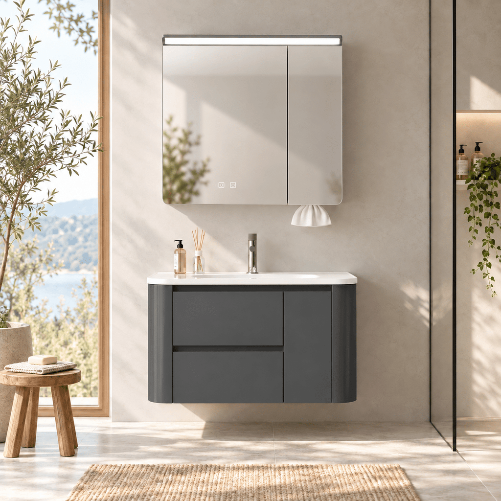 Set Mobilier Baie 80 cm cu Lavoar Ceramic și Dulap cu Oglindă LED, Gri Antracit Mat