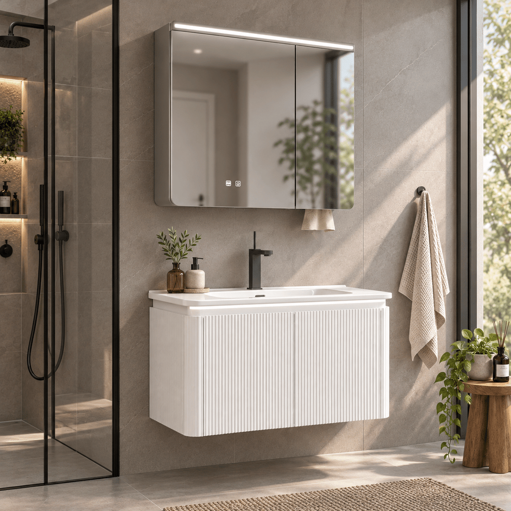 Set Mobilier Baie LED 80 cm cu Lavoar Ceramic și Dulap cu Oglindă LED, Alb