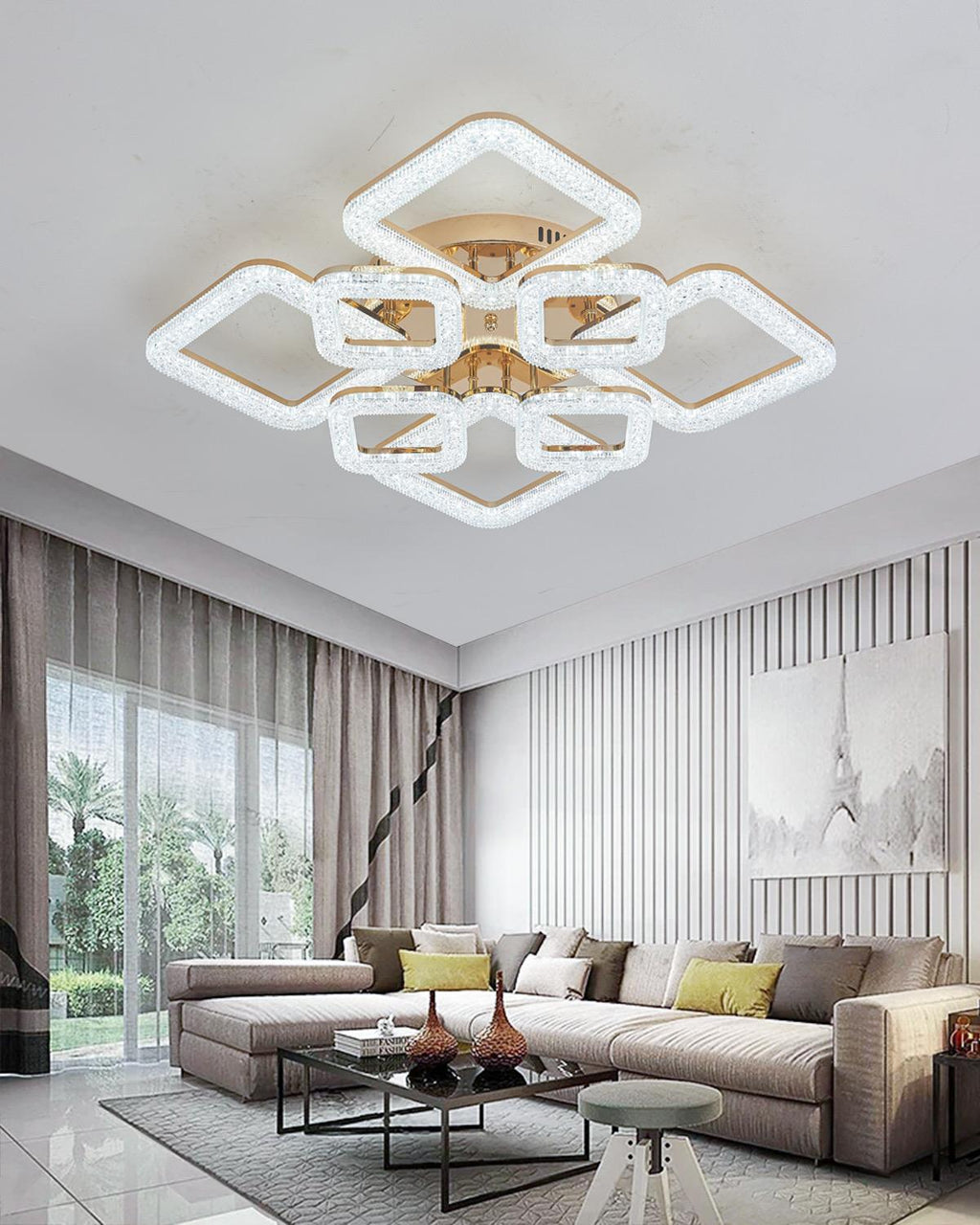 Lustra LED RFAN, Model J230/4+4, Cu Telecomanda, 3 Tipuri De Lumina, Intensitate Reglabila, 192W, Auriu