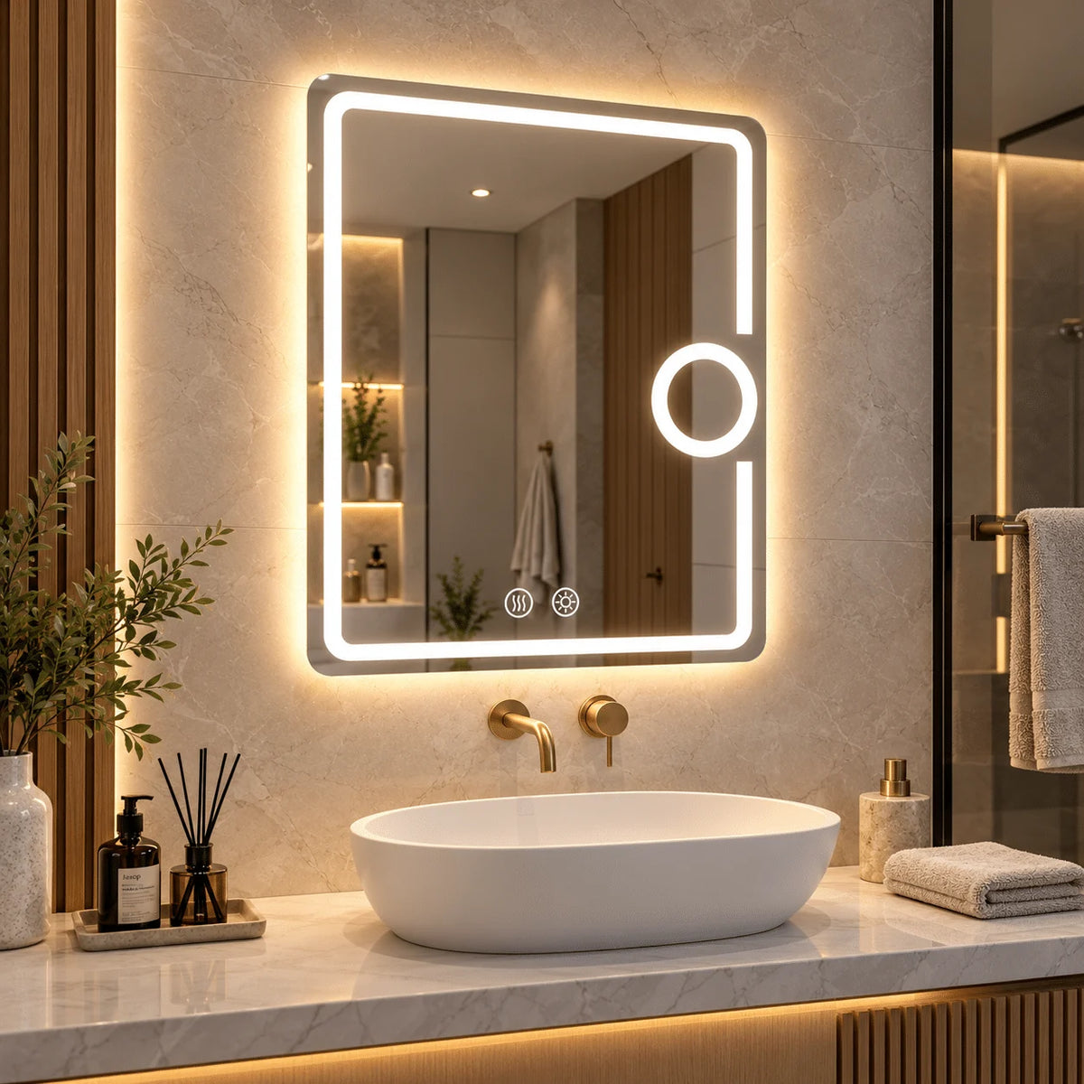 Oglindă LED 50×70 cm cu Lupă Cosmetică, Dezaburire, 3 Tipuri de Lumină, Touch