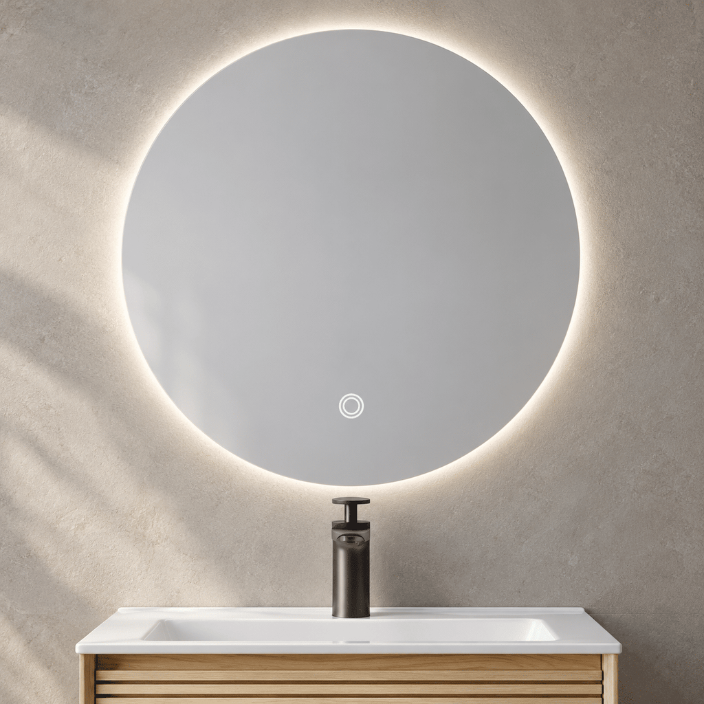 Set Mobilier Baie 80 cm cu Lavoar Ceramic și Oglindă LED 70×70 cm, Stejar Greige