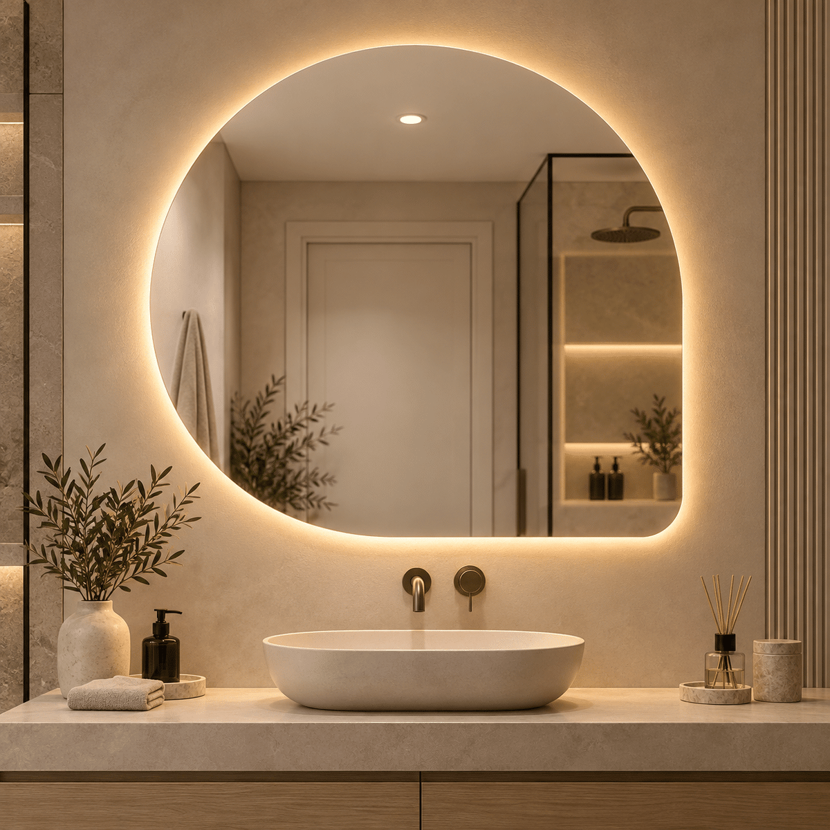 Oglindă LED Asimetrică 80×80 cm, Iluminare Spate, Dezaburire, 3 Tipuri de Lumină, Touch