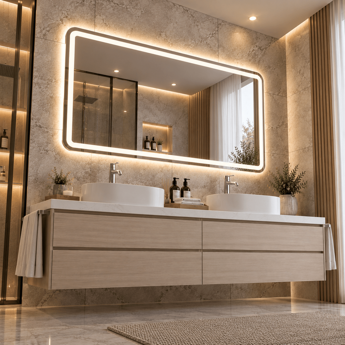Oglindă LED Dreptunghiulară 130×80 cm, Iluminare Față + Spate, Dezaburire, 3 Tipuri de Lumină, Touch