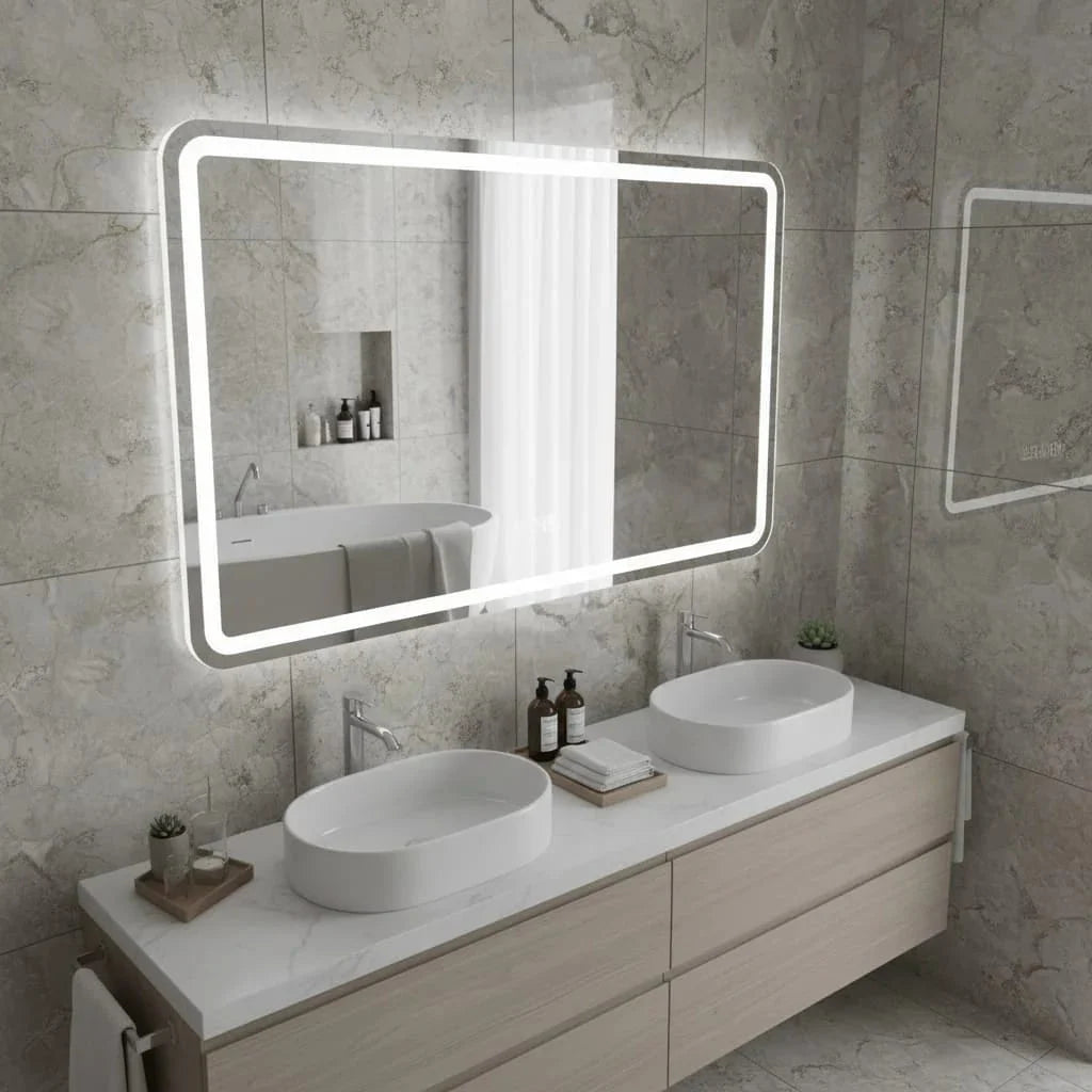 Oglindă LED Dreptunghiulară 120×80 cm, Iluminare Față + Spate, Dezaburire, 3 Tipuri de Lumină, Touch
