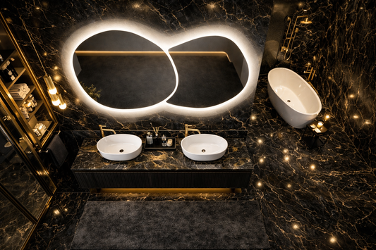 Oglinda LED Dubla, Asimetrica Premium 140×80 cm, Touch, 3 Tipuri Lumina – Calda, Rece, Naturala