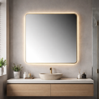 Oglinda LED Patrata Premium 80×80 cm, Rama Auriu, 3 Tipuri de Lumina – Calda, Rece, Neutra