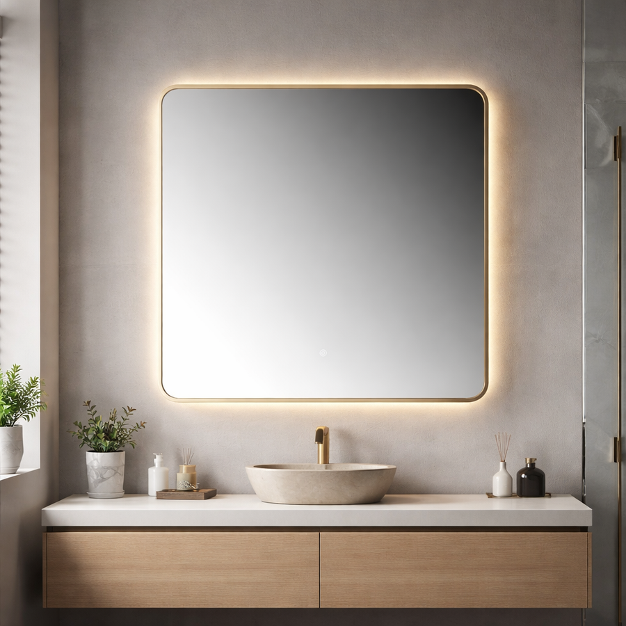 Oglinda LED Patrata Premium 80×80 cm, Rama Auriu, 3 Tipuri de Lumina – Calda, Rece, Neutra