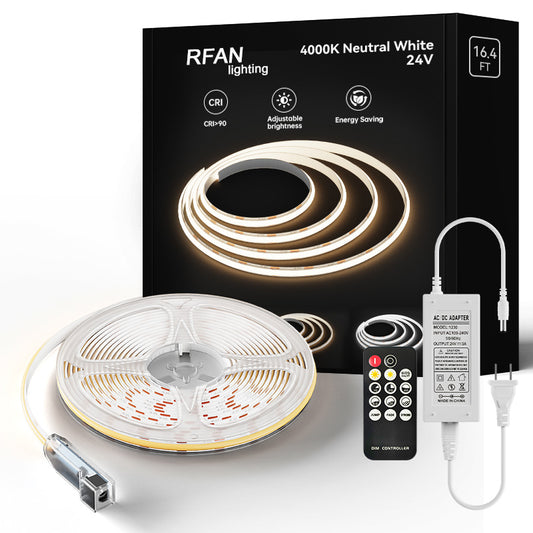KIT Banda LED COB RFAN, cu Telecomanda, Lumina Neutra, 4000K, 5m, 14W/m, 24V, Transformator 72W
