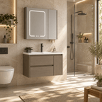 Set Mobilier Baie 80 cm cu Lavoar Ceramic și Dulap cu Oglindă LED, Stejar Greige