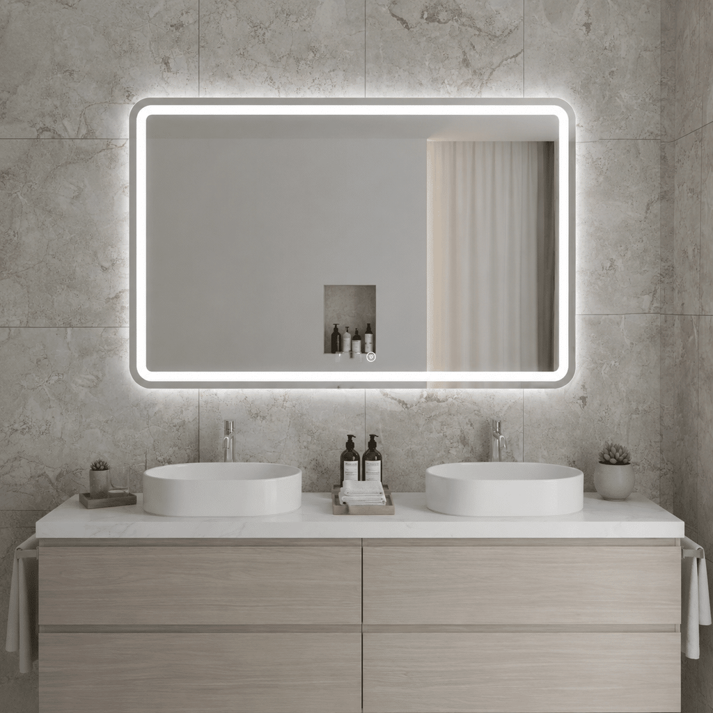 Oglindă LED Dreptunghiulară 120×80 cm, Iluminare Față + Spate, Dezaburire, 3 Tipuri de Lumină, Touch