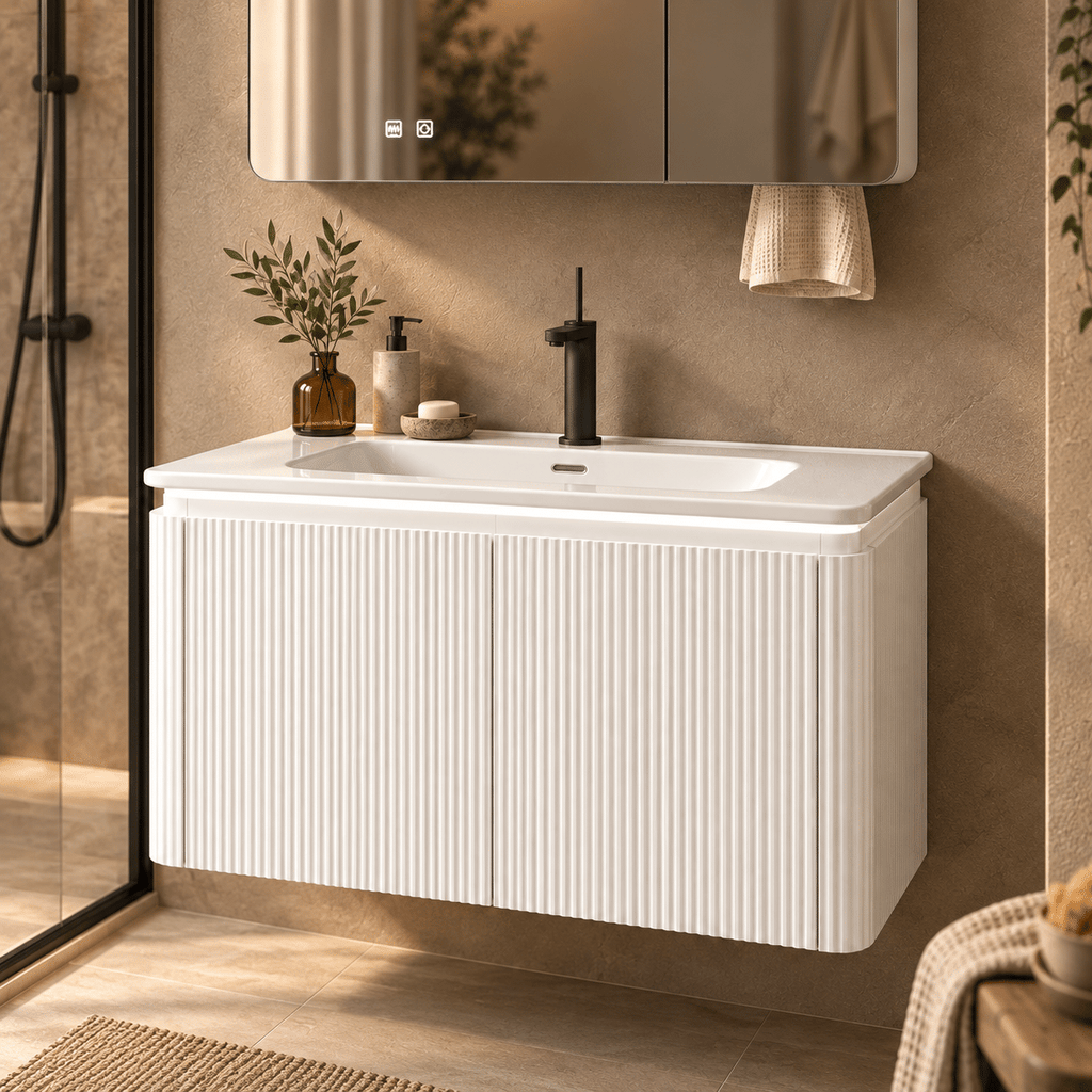 Set Mobilier Baie LED 80 cm cu Lavoar Ceramic și Dulap cu Oglindă LED, Alb