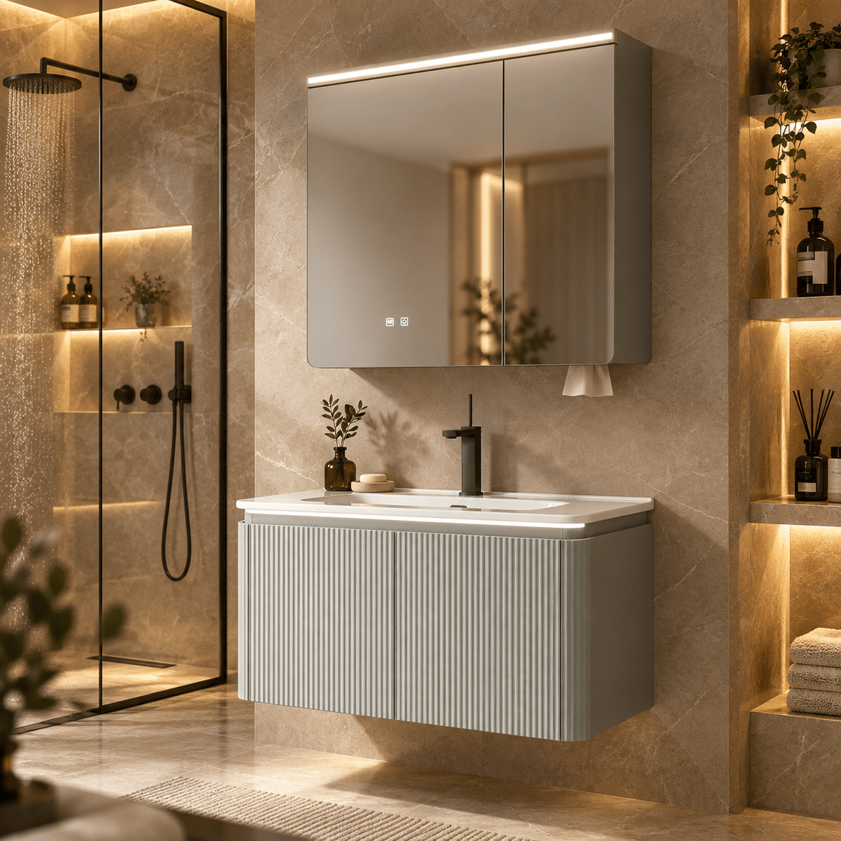 Set Mobilier Baie LED 80 cm cu Lavoar Ceramic și Dulap cu Oglindă LED, Gri Deschis