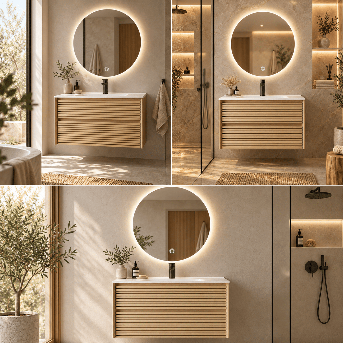 Set Mobilier Baie 80 cm cu Lavoar Ceramic și Oglindă LED 70×70 cm, Stejar Greige