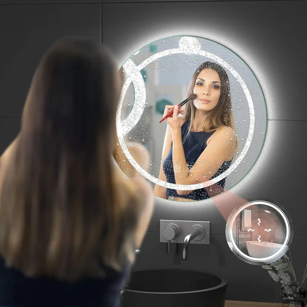 Oglindă LED Rotundă 80×80 cm, Iluminare Față + Spate, Dezaburire, 3 Tipuri de Lumină, Touch