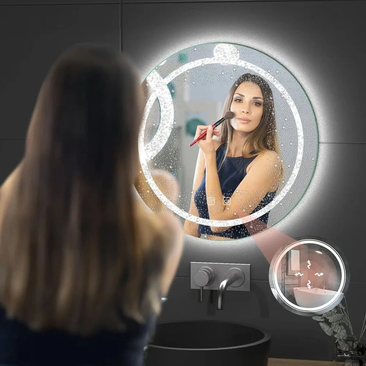 Oglindă LED Rotundă 80×80 cm, Iluminare Față + Spate, Dezaburire, 3 Tipuri de Lumină, Touch