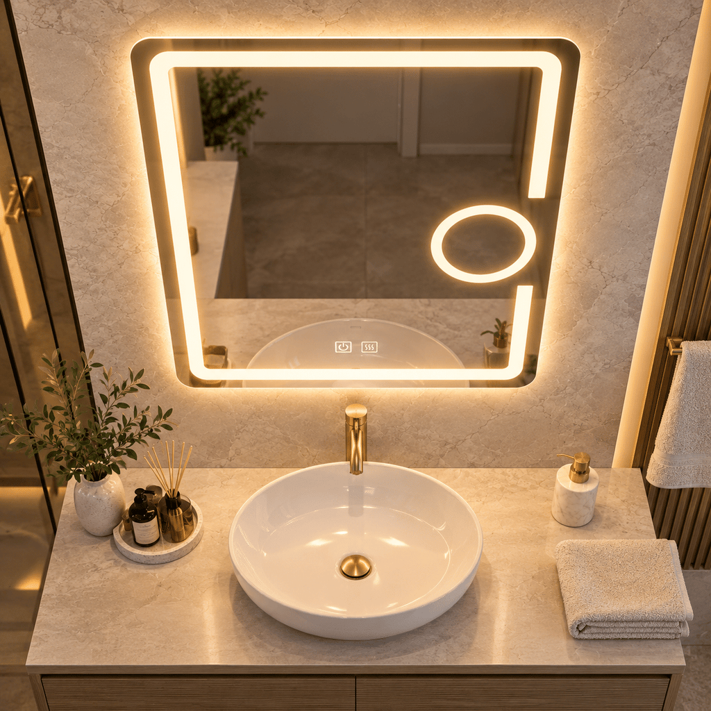 Oglindă LED 50×70 cm cu Lupă Cosmetică, Dezaburire, 3 Tipuri de Lumină, Touch