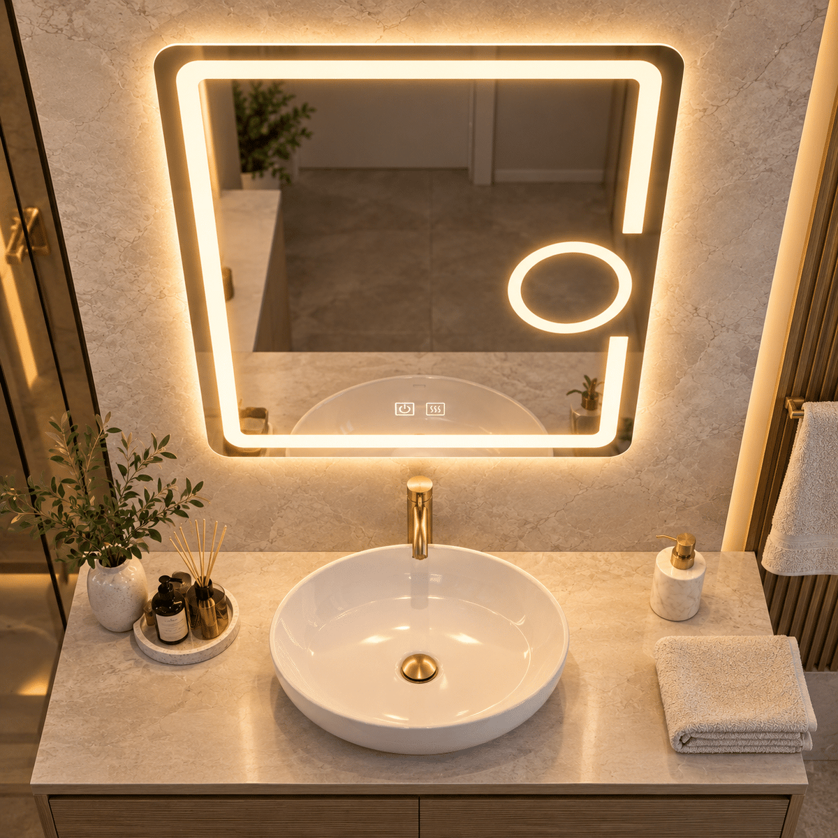 Oglindă LED 50×70 cm cu Lupă Cosmetică, Dezaburire, 3 Tipuri de Lumină, Touch