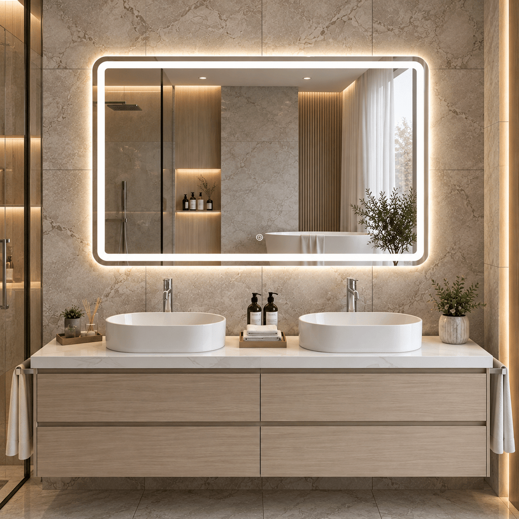 Oglindă LED Dreptunghiulară 130×80 cm, Iluminare Față + Spate, Dezaburire, 3 Tipuri de Lumină, Touch