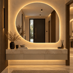 Oglindă LED Asimetrică 80×80 cm, Iluminare Spate, Dezaburire, 3 Tipuri de Lumină, Touch