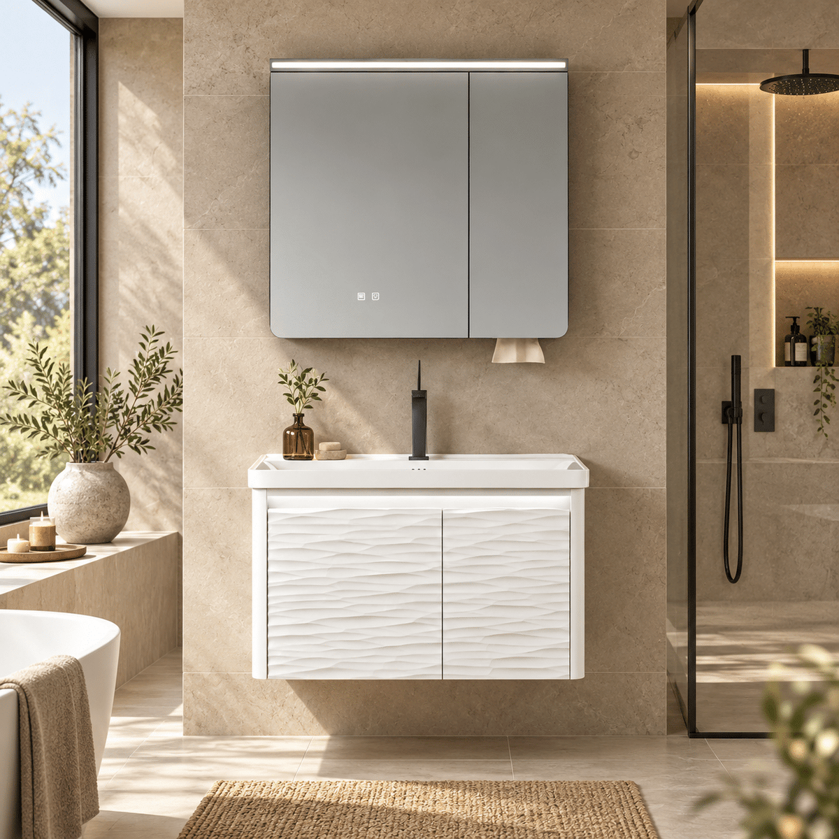 Set Mobilier Baie LED 80 cm cu Lavoar Ceramic și Dulap cu Oglindă LED, Alb