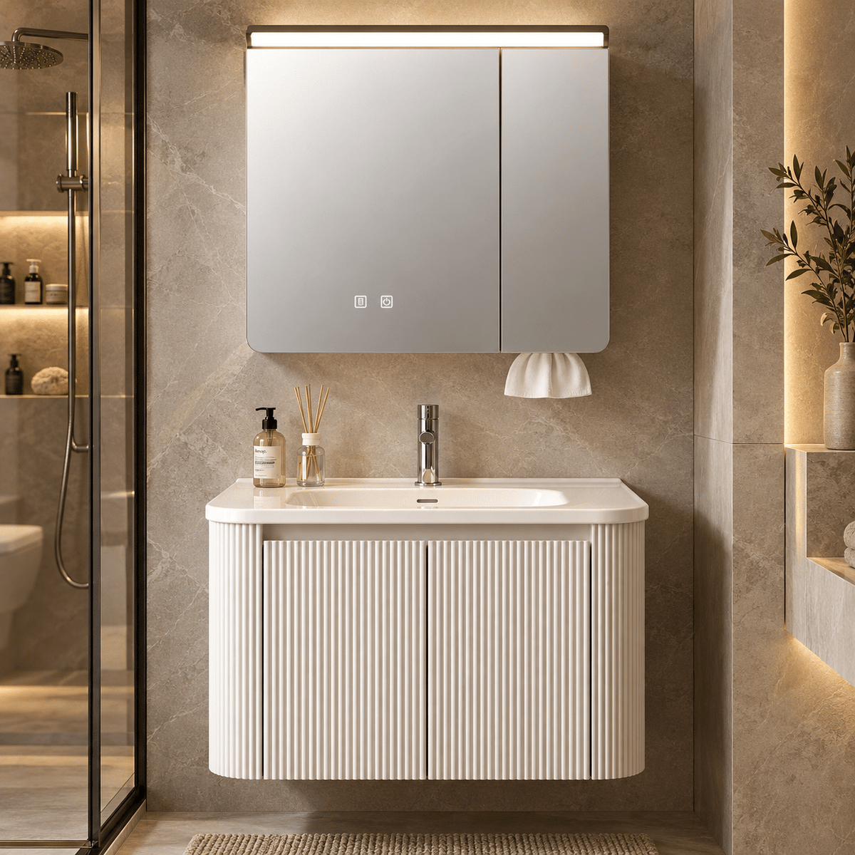 Set Mobilier Baie 80 cm cu Lavoar Ceramic și Dulap cu Oglindă LED, Bej