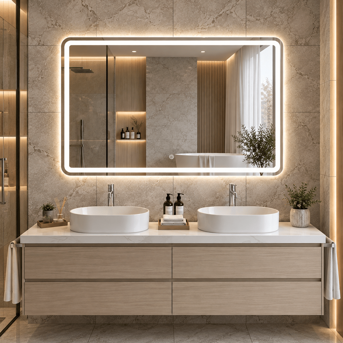 Oglindă LED Dreptunghiulară 110×80 cm, Iluminare Față + Spate, Dezaburire, 3 Tipuri de Lumină, Touch