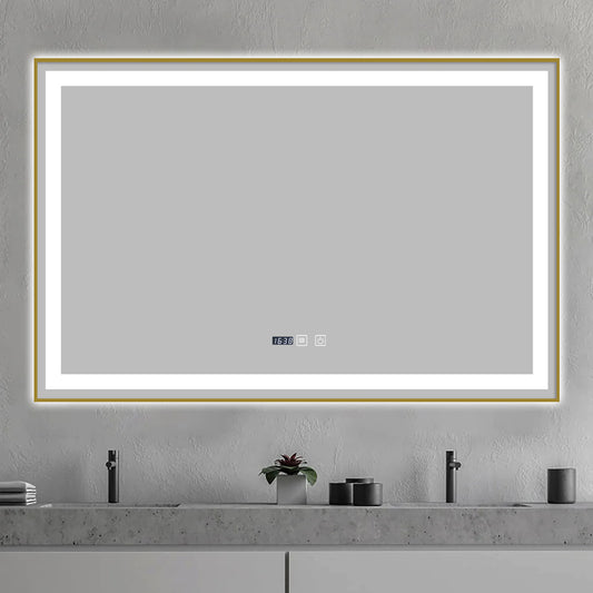 Oglinda LED si Touch, 100 x 65 cm, cu Functie Dezaburire si Ceas, Rama Bronz Antichizat, Smack