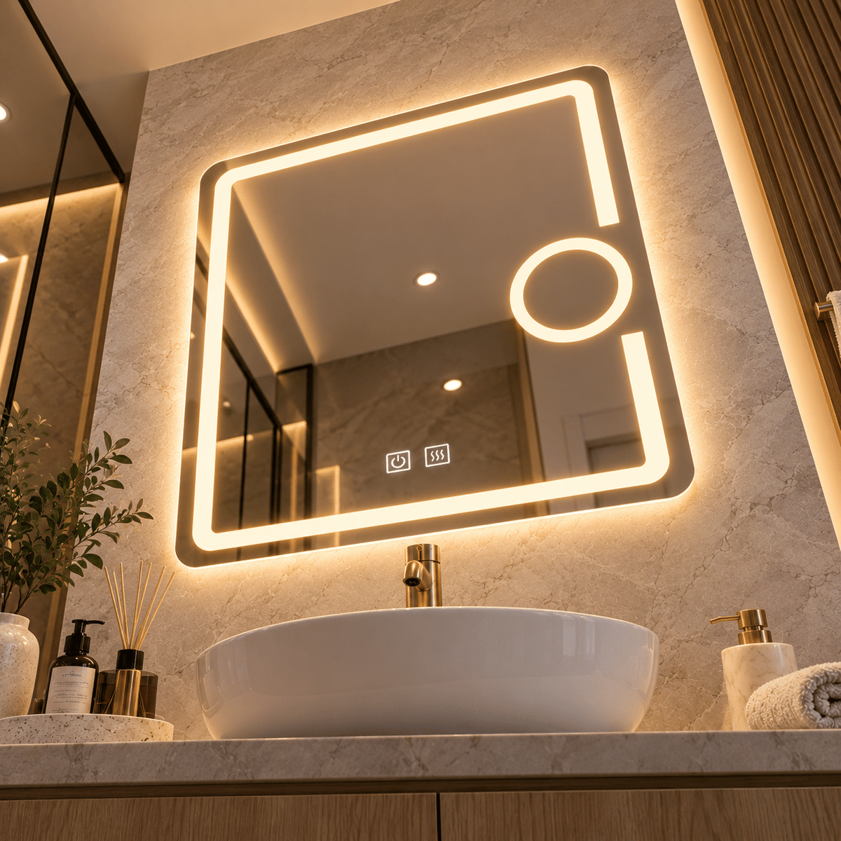 Oglindă LED 60×80 cm cu Lupă Cosmetică, Dezaburire, 3 Tipuri de Lumină, Touch