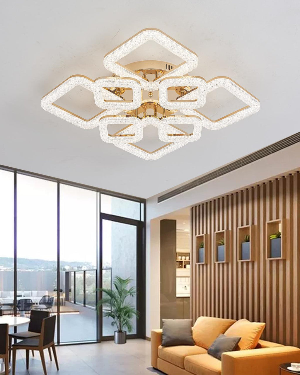 Lustra LED RFAN, Model J230/4+4, Cu Telecomanda, 3 Tipuri De Lumina, Intensitate Reglabila, 192W, Auriu