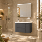 Set Mobilier Baie 80 cm cu Lavoar Ceramic și Dulap cu Oglindă LED, Gri Antracit Mat