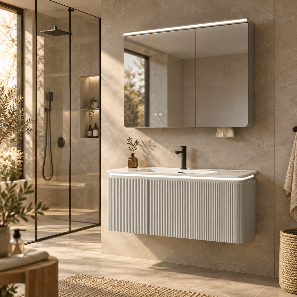Set Mobilier Baie LED 100 cm cu Lavoar Ceramic și Dulap cu Oglindă LED, Gri Deschis