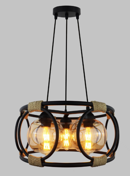 Pendul Rustic RFAN, Model 5705-3, cu Abajuri, 3 x E27, Inaltime Reglabila, Negru