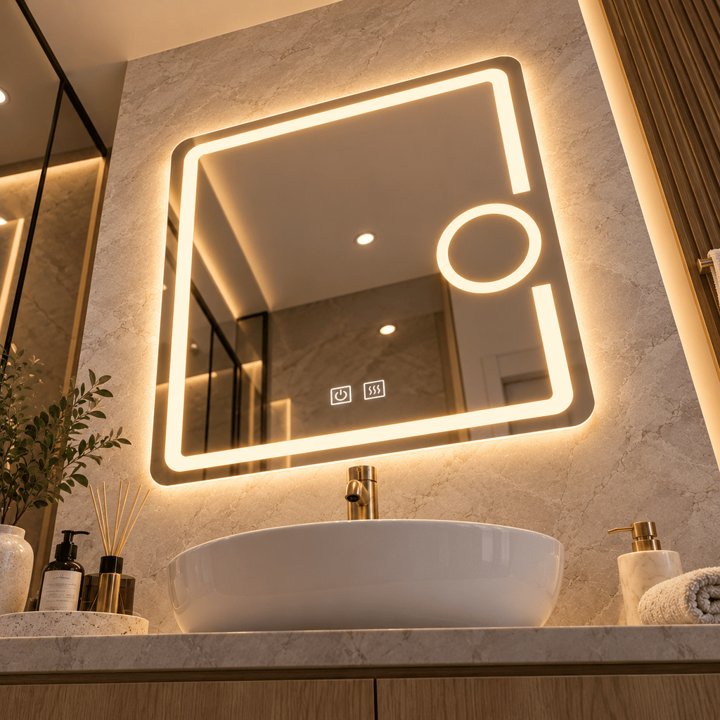 Oglindă LED 50×70 cm cu Lupă Cosmetică, Dezaburire, 3 Tipuri de Lumină, Touch
