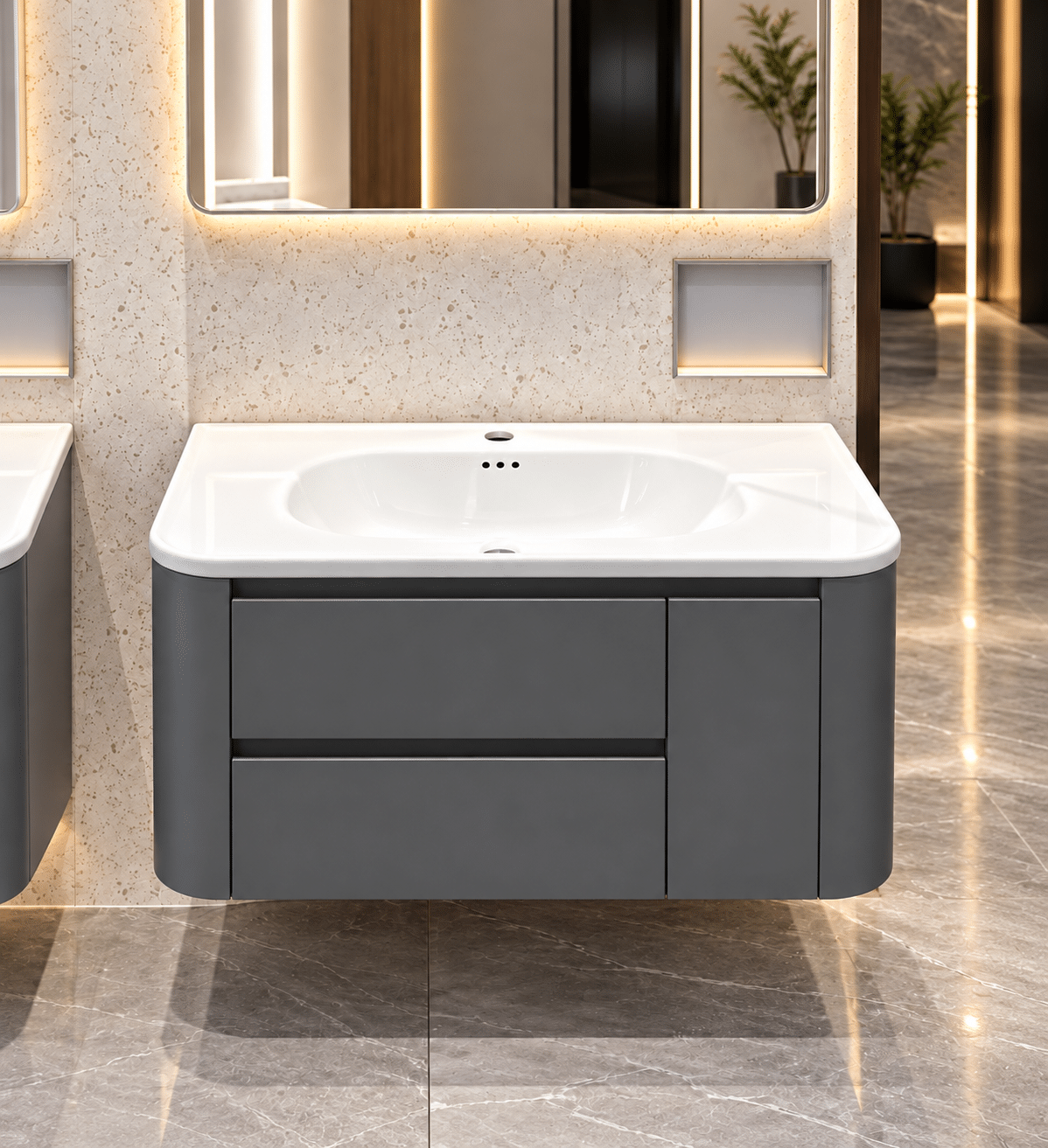 Set Mobilier Baie 80 cm cu Lavoar Ceramic și Dulap cu Oglindă LED, Gri Antracit Mat