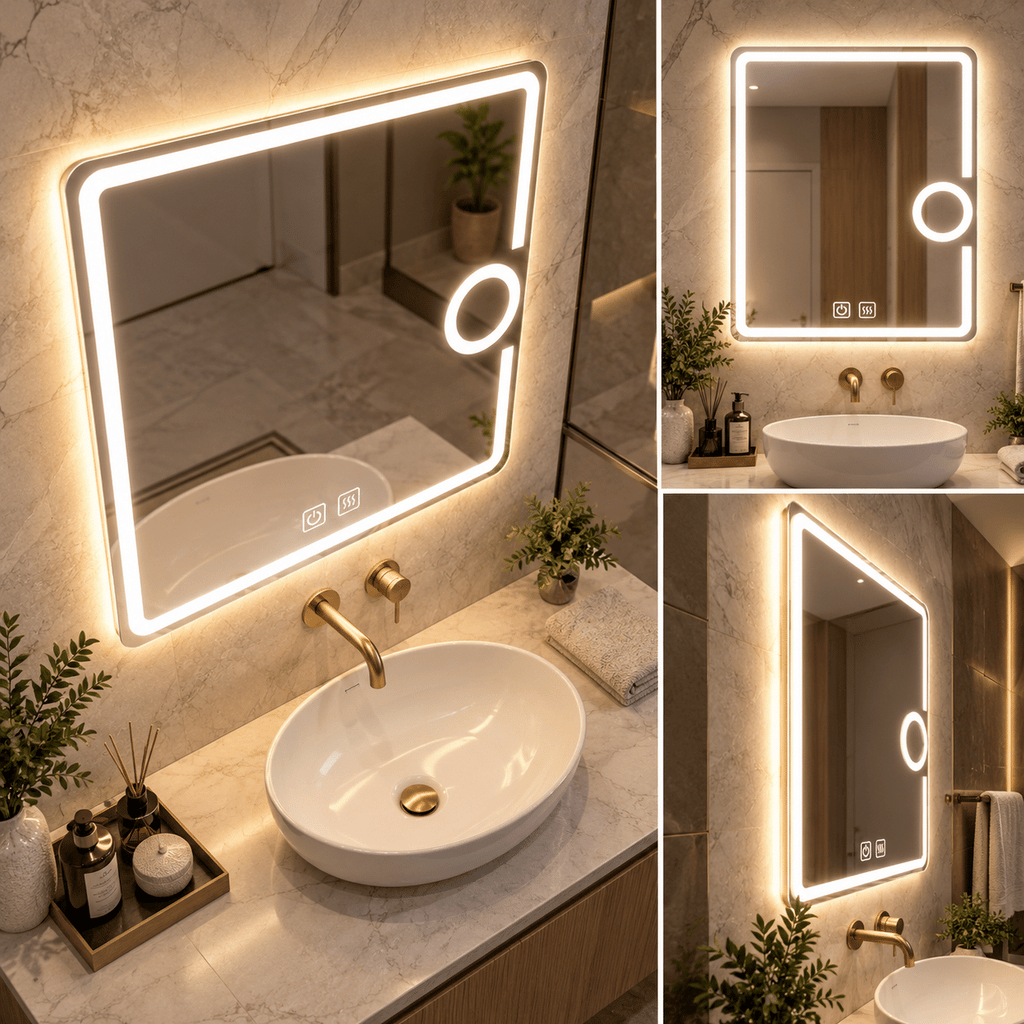 Oglindă LED 60×80 cm cu Lupă Cosmetică, Dezaburire, 3 Tipuri de Lumină, Touch