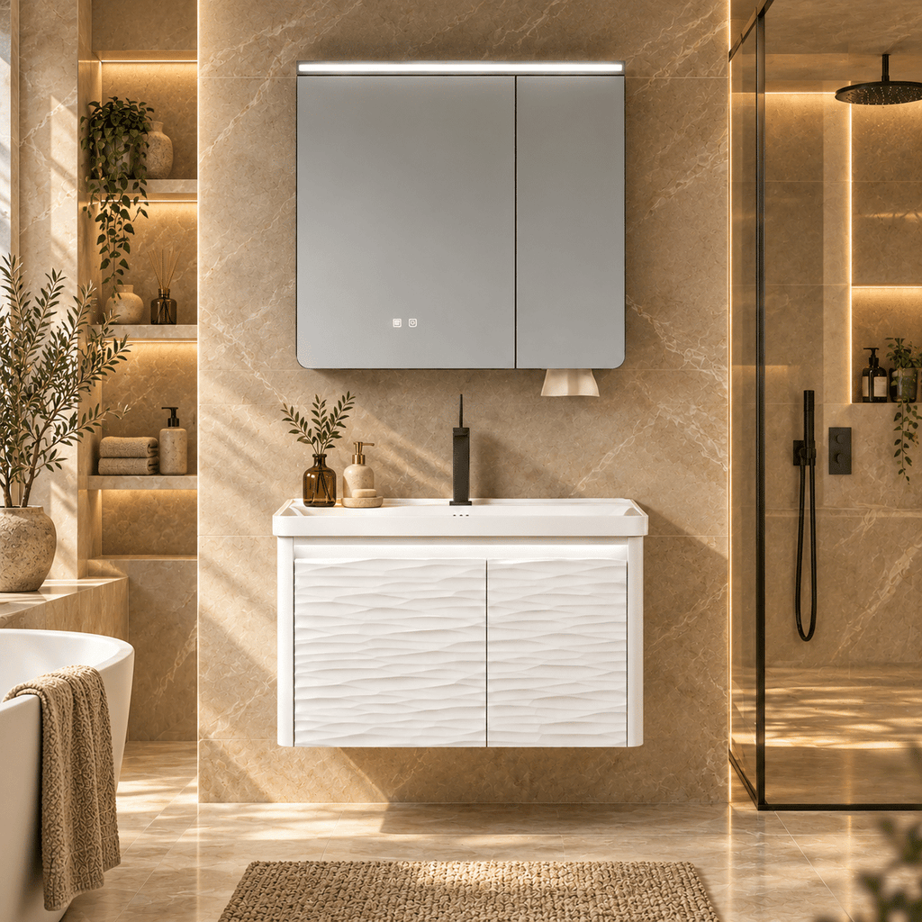 Set Mobilier Baie LED 80 cm cu Lavoar Ceramic și Dulap cu Oglindă LED, Alb
